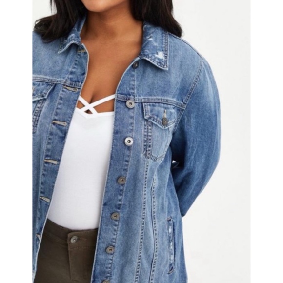๐ Medium Wash Longline Denim Jean Jacket 1 1X 14 16 NWT Torrid New! - Picture 3 of 5